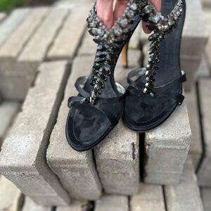 Black satin with rhinestones sandals 3 1/2” heels.. very beautiful sexy heels